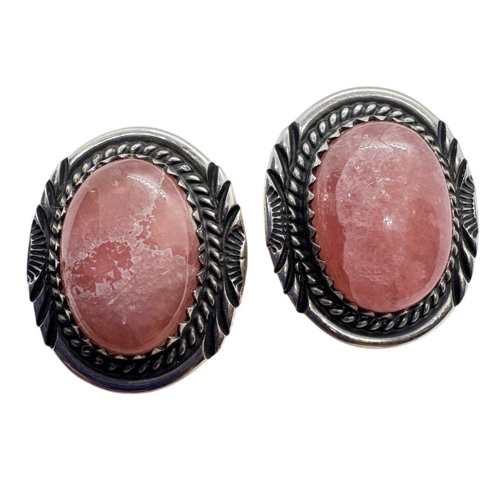 Vintage Southwestern Sterling Silver Rhodochrosite Stud Earrings Pink Cabochon